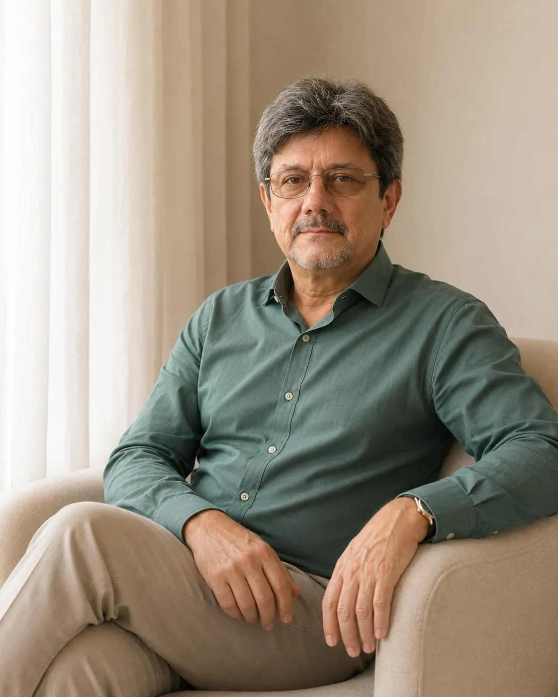Dr. Issac Penafort, psiquiatra, sentado em seu consultório em Manaus